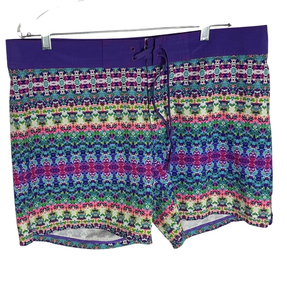 Prana Women Purple Multicolor Geometric Board Shorts XL‎ Swim Surf RN124977